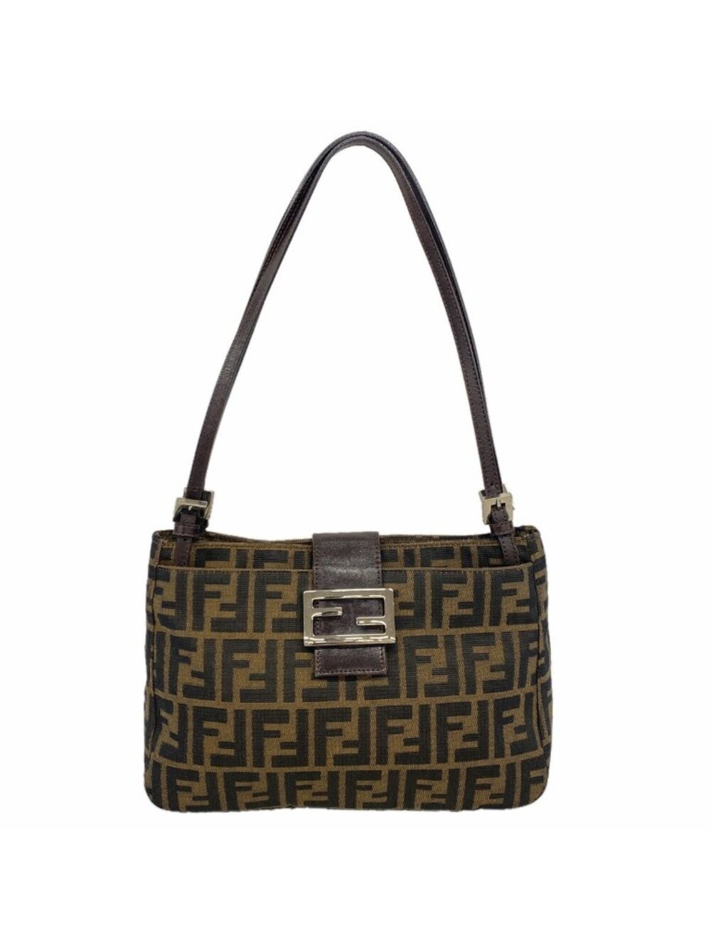 Fendi Shoulder Bag Zucca Nylon Canvas Brown Silver